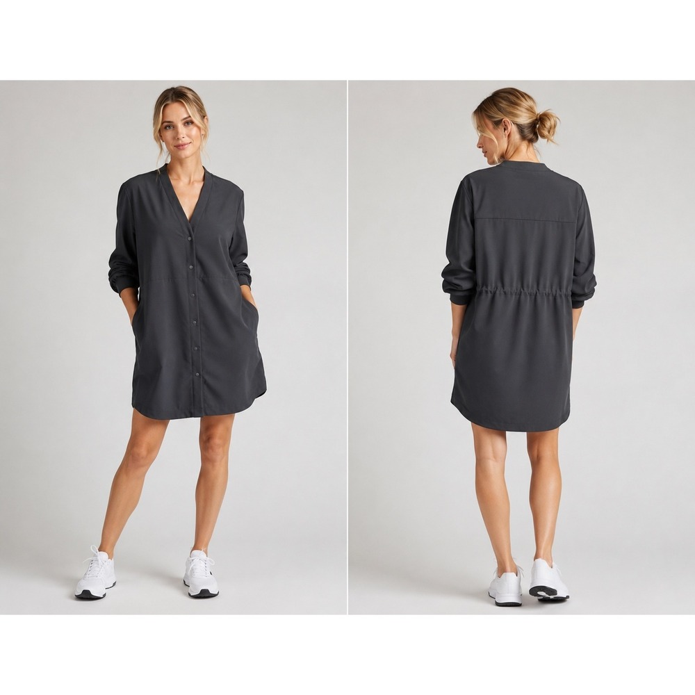 Lululemon WovenAir Button Front‎ Dress 2 Black Snap Closure Pockets Relaxed
